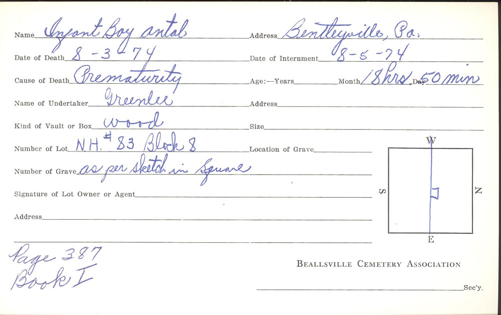 Infant Boy Antal burial card